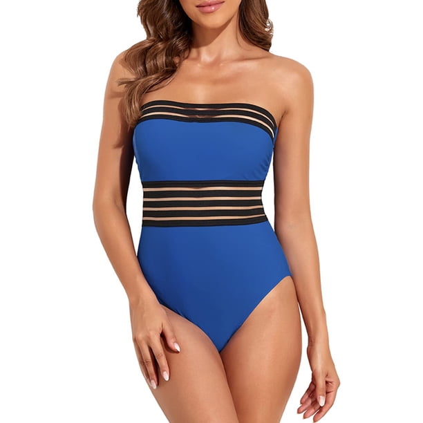 Gibobby Bañador de una pieza Traje de baño de mujer de color sólido con cintura halter y cinta de color contrastante(Azul,G)