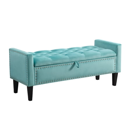 Velvet Storage Bench, Upholstered Bed Bench with Storage, End of Bed Ottoman with Wooden Legs,Bedside Storage Bench for Bedroom, Living Room, or Entryway, Teal