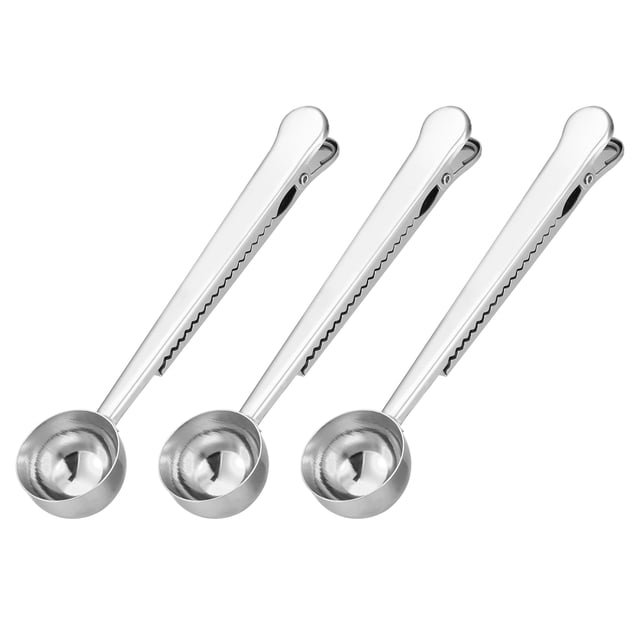 Unique Bargains 3Pack Stainless Steel Coffee Scoop Clip 2 in 1 Coffee Measuring Spoon, Silver