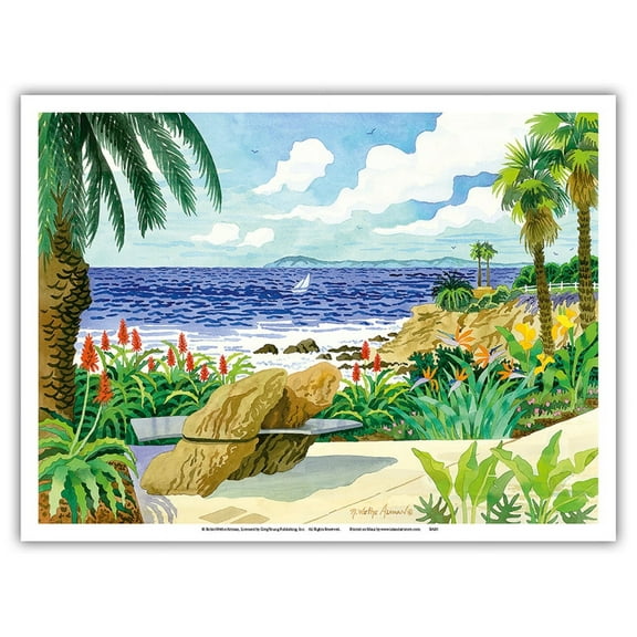Rock Pile Carve Bench at Heisler Park - Laguna Beach California - From an Original Watercolor Painting by Robin Wethe Altman - Master Art Print (Unframed) 9in x 12in