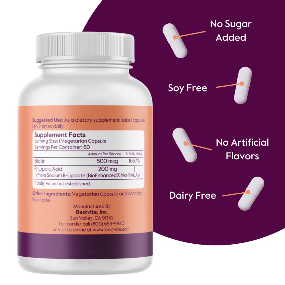 BESTVITE R-Lipoic Acid 200mg Stabilized with Bio-Enhanced® Na-RLA with Biotin (60 Vegetarian Capsules)