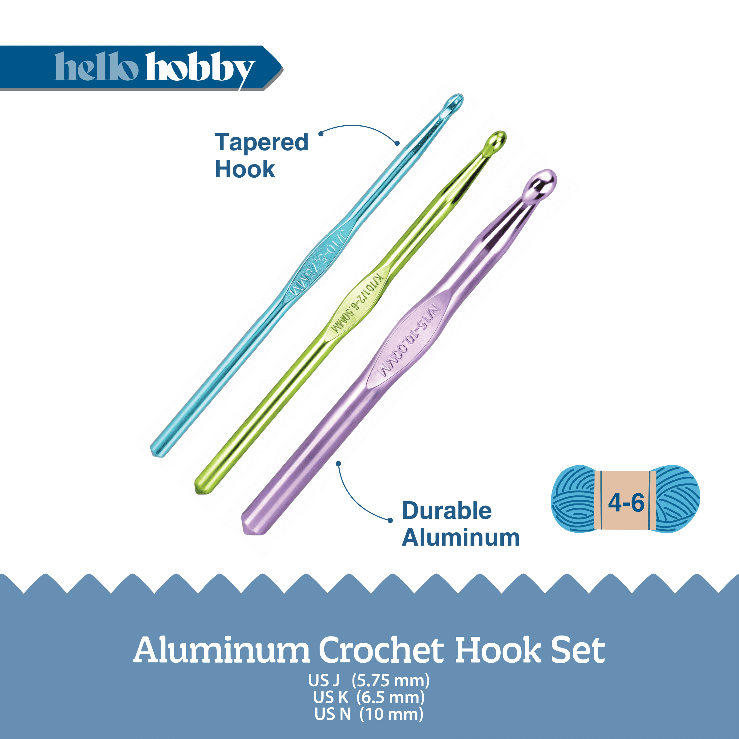 Hello Hobby Aluminum Crochet Hooks, Sizes J, K, and N, 3-Piece Set