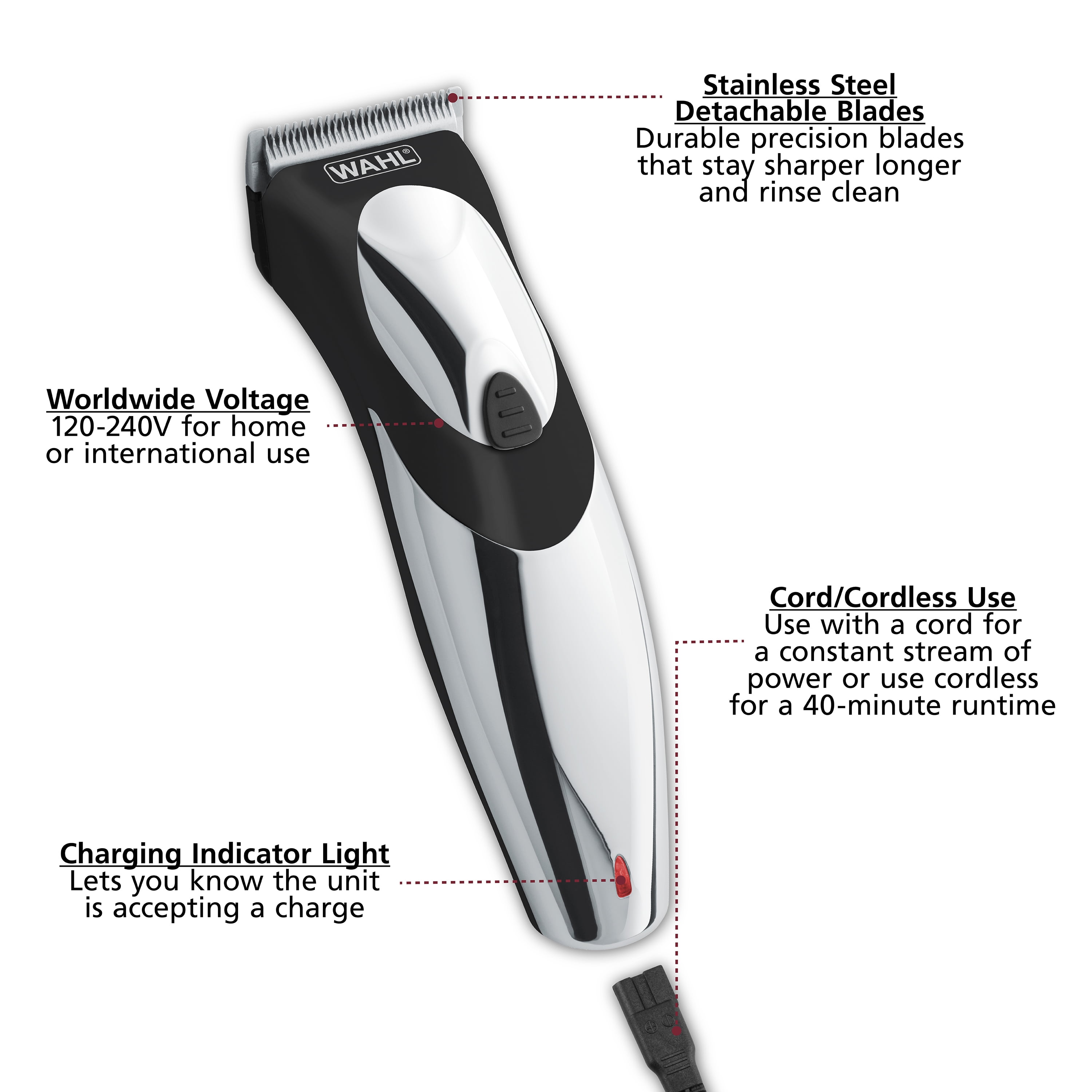 Wahl Haircut Clipper & Beard - Transformer with Voltage Worldwide / - Cord 9639-700 Model Cordless