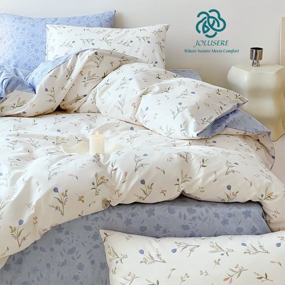 JOLUSERE 3-Piece Blue White Floral Duvet Cover Queen Set, Soft Leaves Plants Pattern Aesthetic Reversible Comforter Cover Set for Adults