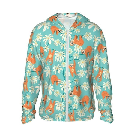 Sigee Cute Sloth on Floral Tree Print UPF50+ Men s Sun Protection Hoodie Shirt SPF UV Shirt Long Sleeve Fishing Outdoor Lightweight S-3XL