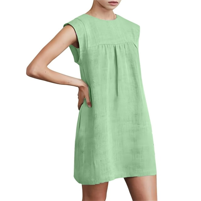 Dvprdro Robe d'Été en Coton et Lin pour Femmes Grande Taille Mode Col Rond Sans Manches Décontractée Ample Plage Soleil Mini Robe en Liquidation
