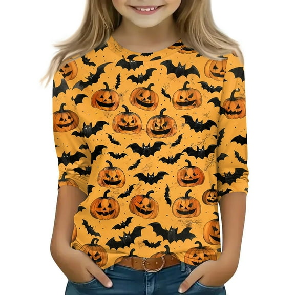XADYUY Halloween Shirts for Kids Girls Spooky Pumpkin Bat Graphic Shirts for Kids Girls Crewneck 3/4 Sleeve T Shirts for Girls Fall Funny Cute Tee Top Girls,3-4 Years