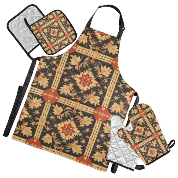 Yellow Mandala Flower 5 Pcs Kitchen Set Heat Resistant Oven Mitts and Non-Slip Pot Holders with Adjustable Cooking Apron