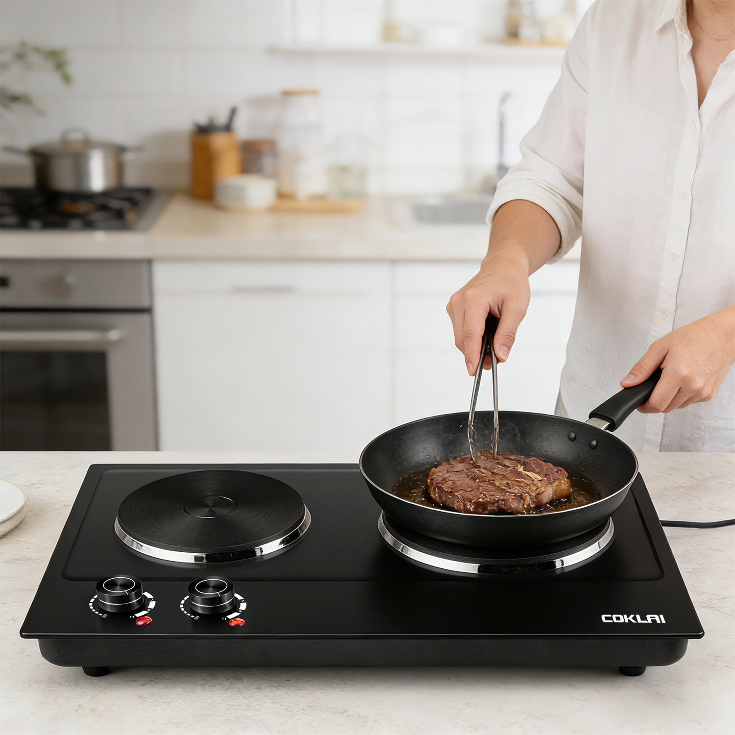 Coklai 1800W Portable Double Burner Hot Plate, Stainless Steel Countertop Electric Cooktop, Easy-to-Clean Silver Design, 2026 Version 24-month warranty
