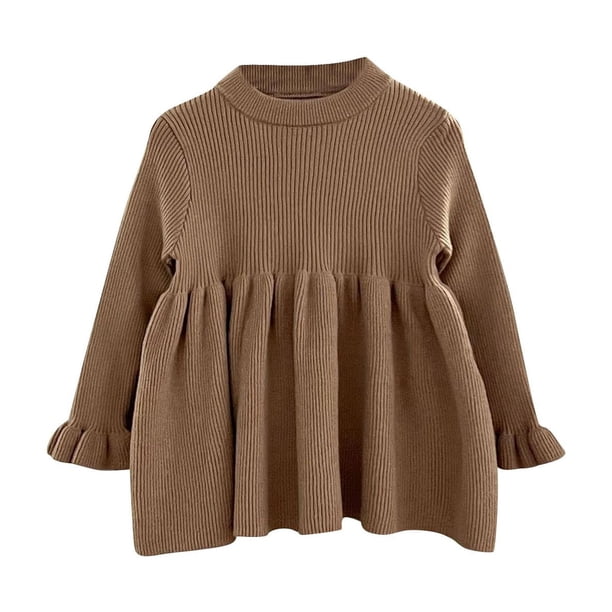 Odeerbi Niñas Vestido de Punto Jersey Otoño Invierno Algodón Vestidos Color Sólido Puños Acampanados Vestido de Punto Cuello Redondo Manga Larga
