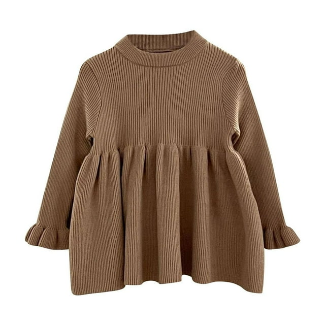 Odeerbi Niñas Vestido de Punto Jersey Otoño Invierno Algodón Vestidos Color Sólido Puños Acampanados Vestido de Punto Cuello Redondo Manga Larga