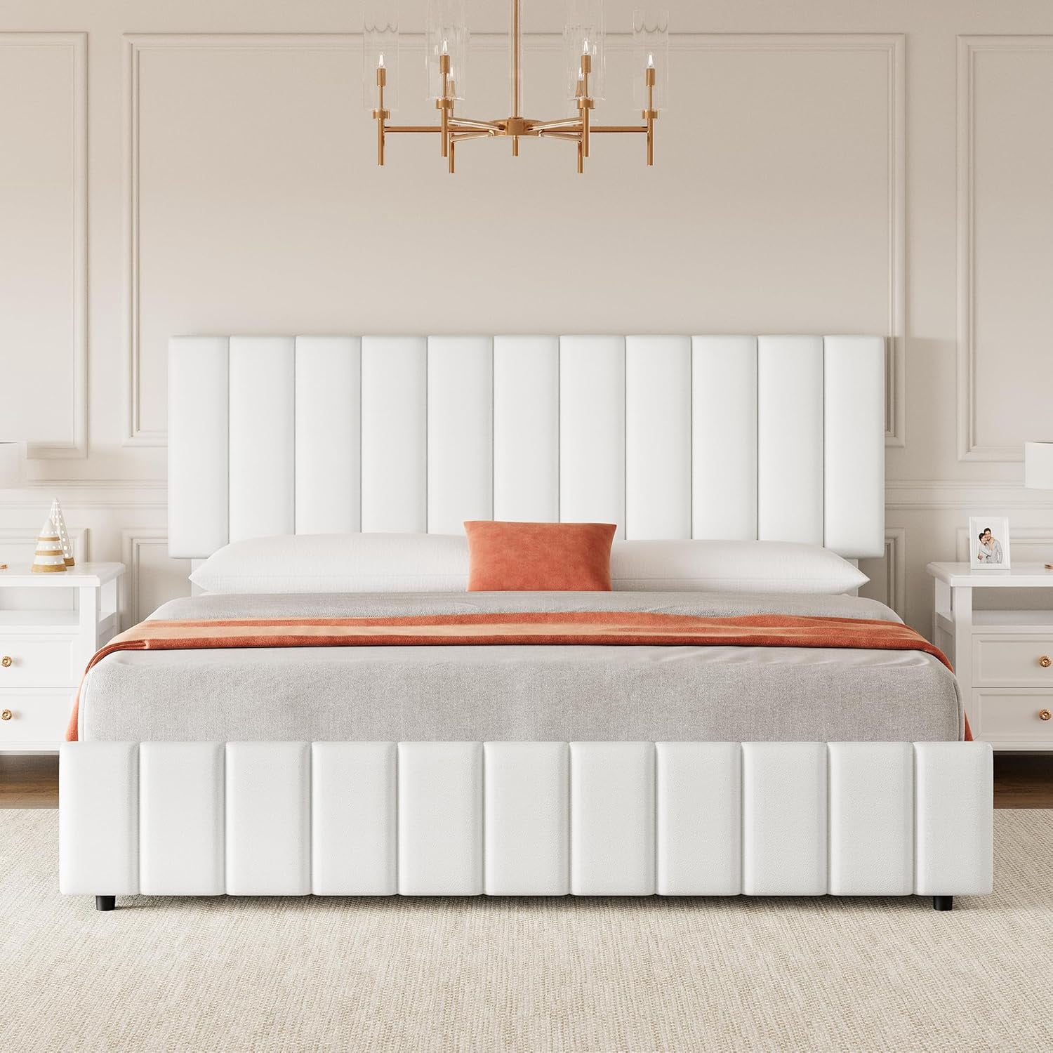 QUEEN Size Storage Bed Frame, Vertical Channel Tufted Adjustable Headboard, Linen Upholstered Platform Bed with 4 Oversized Underbed Drawers, Wooden Slats Support, No Box Spring Needed, Noise-Free
