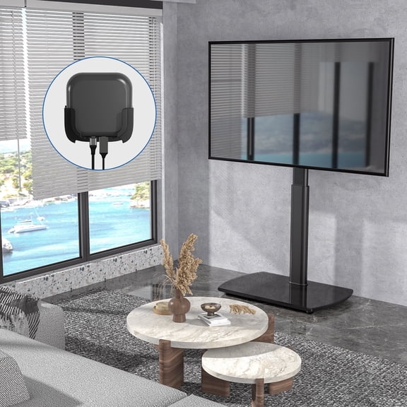 RTVR Modern Floor TV Stand for 26 to 65 inch Flat Curved Screens, Black Apple TV Roku Ultra Mount for Bedroom