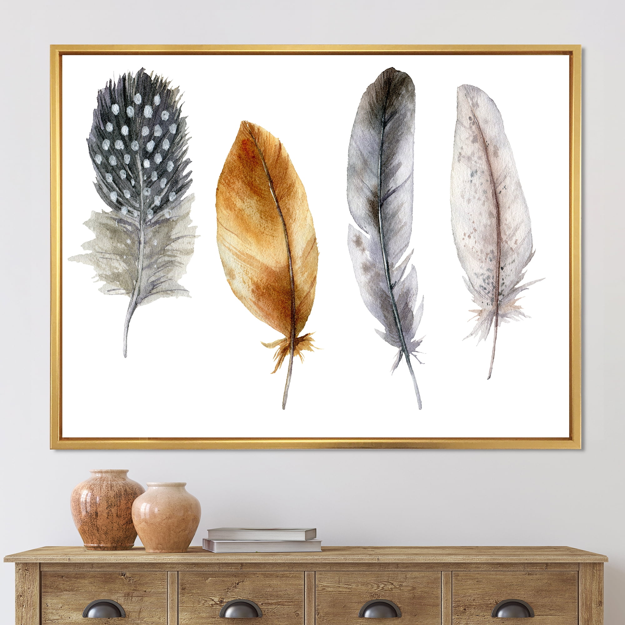Designart 'Boho Feather In Blue and Orange Striped & Polka Dost' Bohemian & Eclectic Framed Canvas Wall Art Print