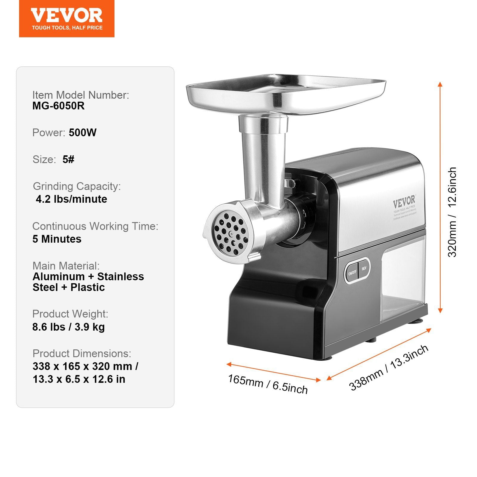 Electric Meat Grinder 4.2 Lbs/Min, 500W Sausage Stuffer Maker, Heavy Duty Home Kitchen Food Processor with 3 Plates - Fast & Easy Ground Meat