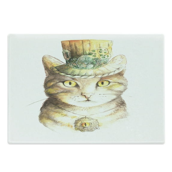 Cat Cutting Board, Pet Hat and Occult Eye Collar Grunge Celtic Trick Theme Print, Decorative Tempered Glass Cutting and Serving Board, Large Size, Yellow and Grey, by Ambesonne
