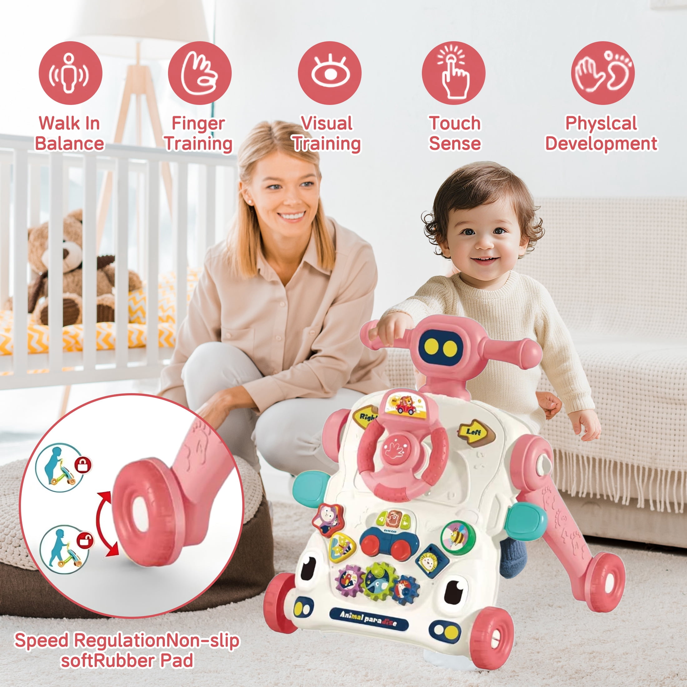 KOPPOP Baby Walker, 3-in-1 Activity Center and Learning Walker Sit-to-Stand Toy with Music & Lights, Foldable Push Toy for Infant Toddler 9+ Months, Pink