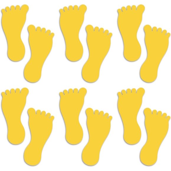 LiteMark 7 Inch Removable Yellow Barefoot Footprint Stickers - Matt Finish Vinyl Event Decals Pack of 12 (6 Pairs)