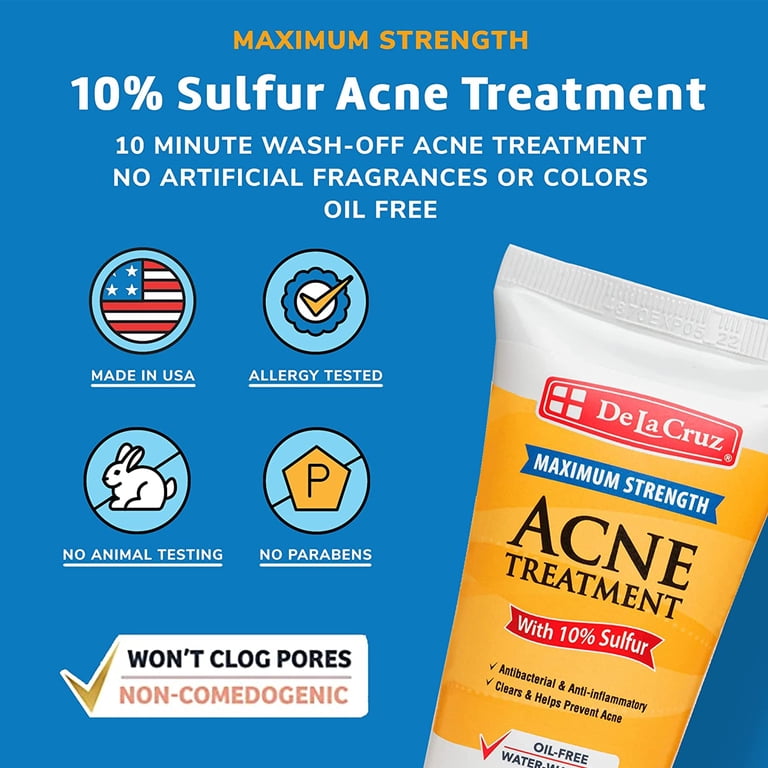 De La Cruz 10% Sulfur Acne Treatment, Clears Acne, Pimples, and