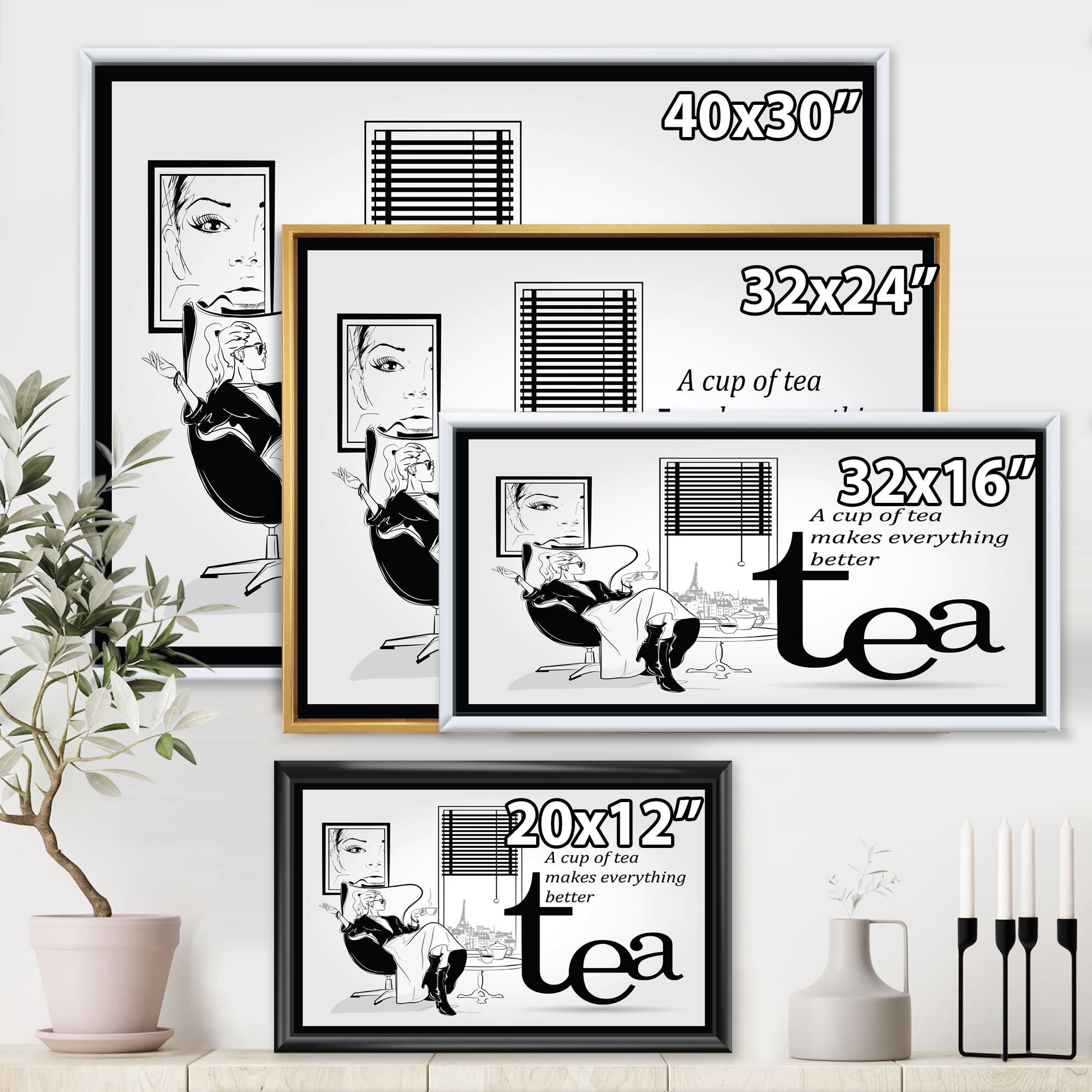 Ancient Fashion Girl Drinking A Cup Of Tea 32 in x 16 in Framed Painting Canvas Art Print, by Designart