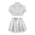 thumbnail image 3 of Aiihoo Kids Girls Jazz Dance Performance Outfit Mock Neck Short Sleeve Sequins Metallic Shirt Crop Top with Shiny Tutu Skirt Streetwear Silver 14, 3 of 6