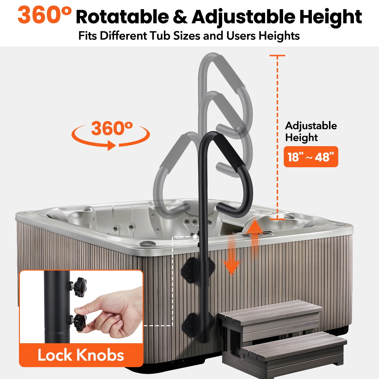M optimized 600 LBS Hot Tub Handrail, 360° Rotatable Spa Side Handrail with 18"～48" Adjustable Height, Hot Tub Hand Rail with Slide-Under Base and Non-Slip Grip for Indoor & Outdoor