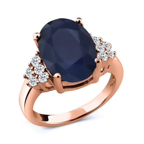 Gem Stone King 6.97 Ct Oval Blue Sapphire White Topaz 18K Rose Gold Plated Silver Ring (Size 5)