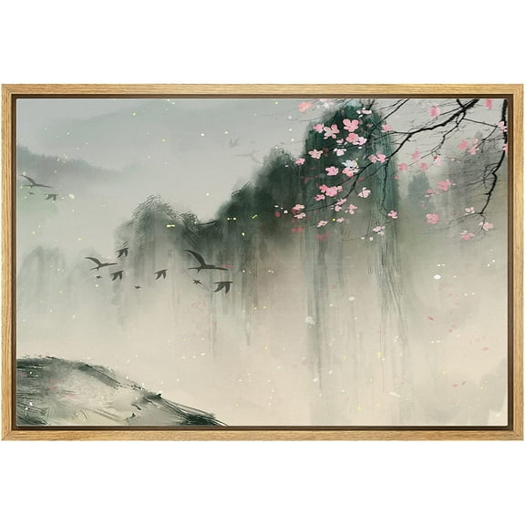 wall26 Framed Canvas Print Wall Art Spring Mountains with Birds and Cherry Blossom Nature Wilderness Illustrations Modern Rustic Scenic Colorful for Living Room, Bedroom, Office - 16"x24" N
