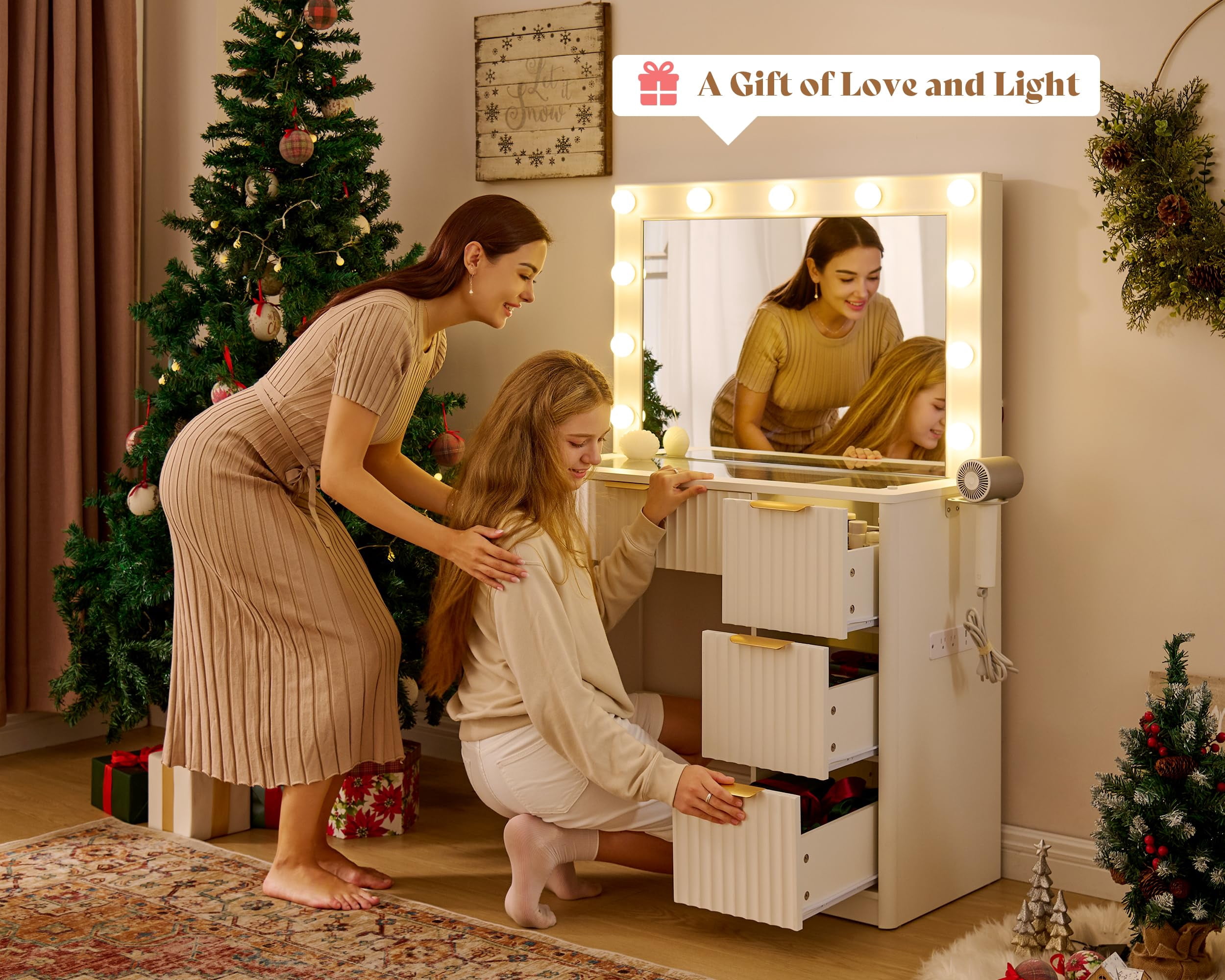 Merluxy 36.2" Girls Vanity Desk with Large Mirror and Adjustable LED Lights, 4 Drawers Makeup Table with Glass Top and Charging Station, White