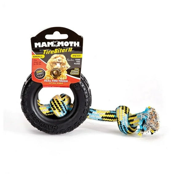 Rugged Hard Rubber Mammoth Tire Biter Dog Toy With Rope Aggressive Chewer Tug (Small)