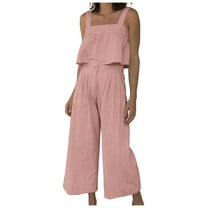 ShomPort Trendy 2 Piece Outfits for Women Summer Cotton Linen Sleeveless Loose Vest and High Waisted Wide Leg Pants Set