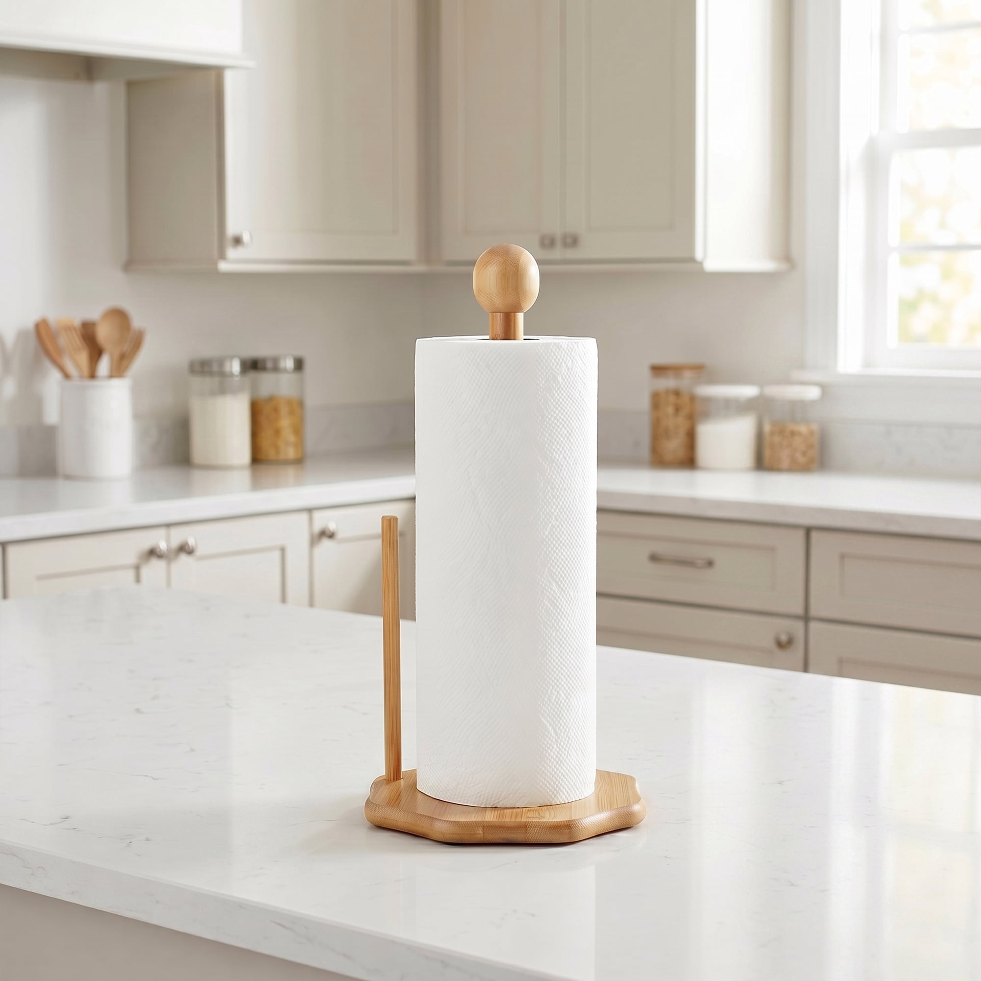 Unique Bargains Paper Towel Holder Countertop Non Slip Base Wood Natural D 11.6x6.3inch