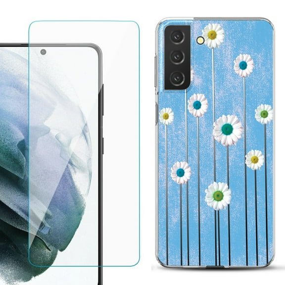 Slim-Fit TPU Fashion Phone Case for Samsung Galaxy S21 FE 5G Fan Edition, with Tempered Glass Screen Protector, by OneToughShield ® - Daisy Sky