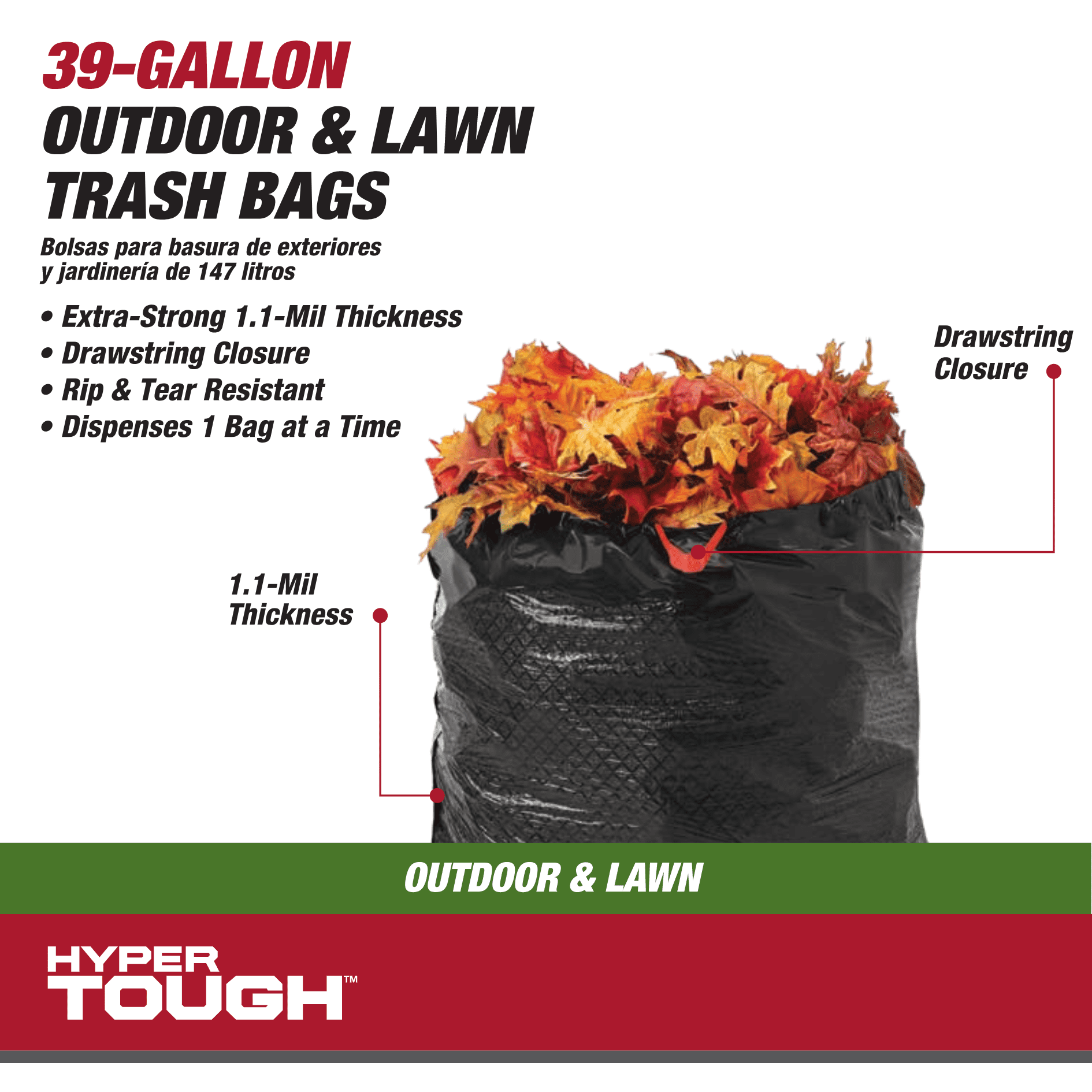 Hyper Tough 39-Gallon Drawstring Outdoor & Lawn Trash Bags, 1.1 MIL, 30 Bags