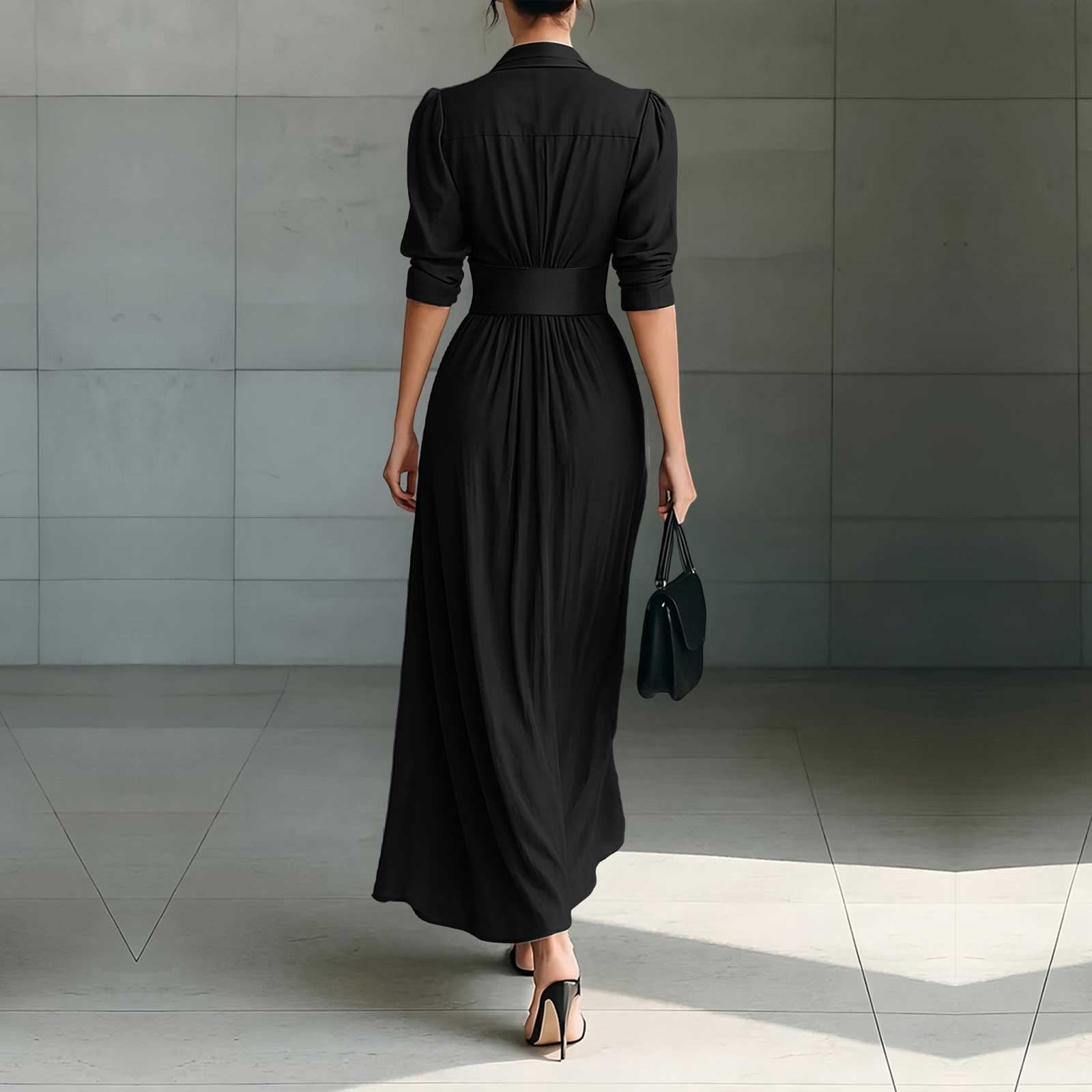 YueHuiYing Women's Single Breasted Shirt Lapel Elegant Belt Slim Fit Pleated Long Sleeves Solid Color Slit Party Dress