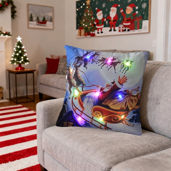 Christmas Throw Pillow Covers 18x18" Christmas LED Pillows 2 Modes Switching Printed Sofa Pillows Cushions Pillowcases Home Decors for Couch Bed Sofa Bedroom Living Room