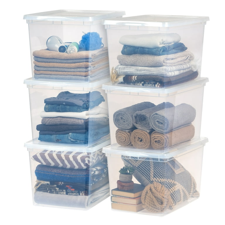 Mainstays 68 Quart Jumbo Stackable Plastic Closet Storage Organizer Box,  Clear, Set of 6