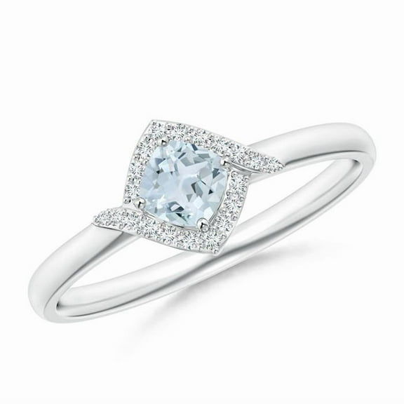 ANGARA Natural Cushion Aquamarine and Diamond Halo Promise Ring in 14K White Gold for Women (Size-4mm) | March Birthstone, Birthday, Anniversary, Jewelry Gift for Women | Natural Aquamarine Ring