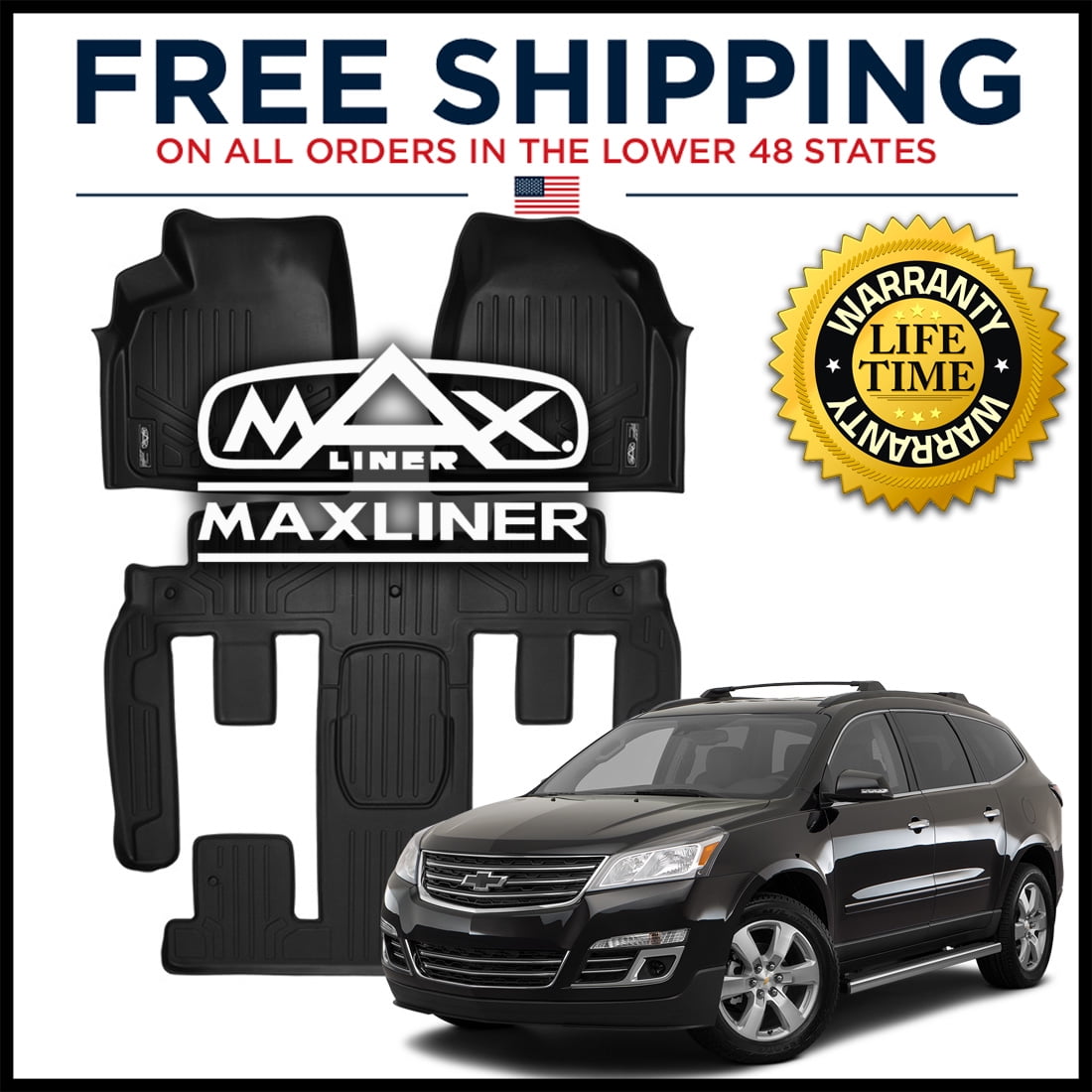 SMARTLINER Floor Mats 2 Row Liner Set Black for Traverse//Enclave//Acadia//Outlook with 2nd Row Bucket Seats