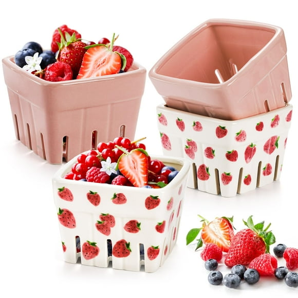 Pumtus 4 Pack Ceramic Berry Basket, Square Fruit Bowls, Kawaii Strawberry Kitchen Bowl Containers, Cute Stoneware Berry Colander Bins for Veggie, Berries, Fruits, Home Decor