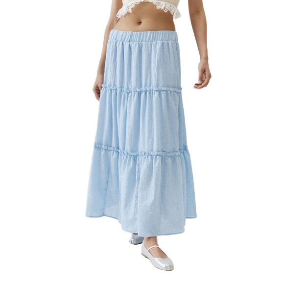 Rdhnmea Women's Tiered Long Skirts Vintage Elastic Waist Frill Trim Skirts