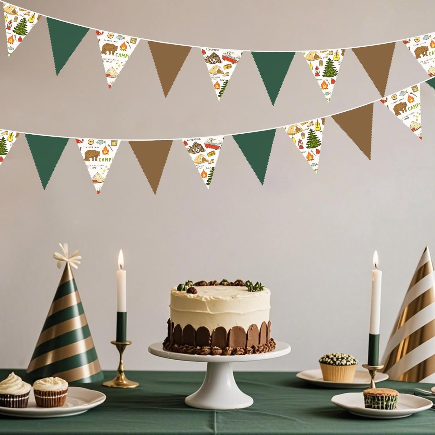 32Ft Camping Party Decorations Green Brown Camper Triangle Flag Fabric Banner Pennant Garland Streamers for Camping Birthday Glamping Baby Shower Campfire Adventure Woodland Travel Party Decor