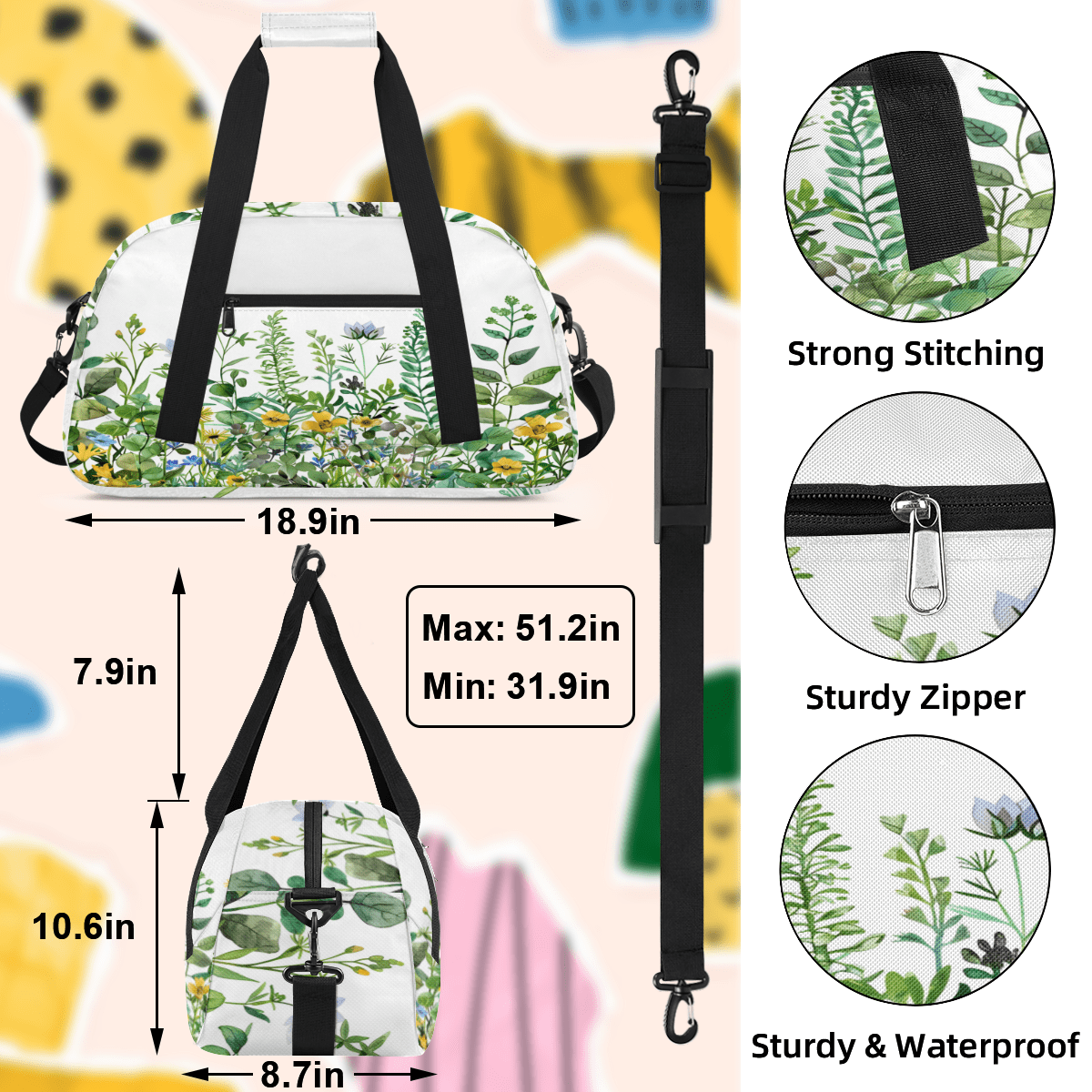 Herdesigns Spring Wildflowers Sports Duffle Bag for Women & Men, Gym Bag Dance Bag Overnight Bag Carry On Weekender Travel Bag