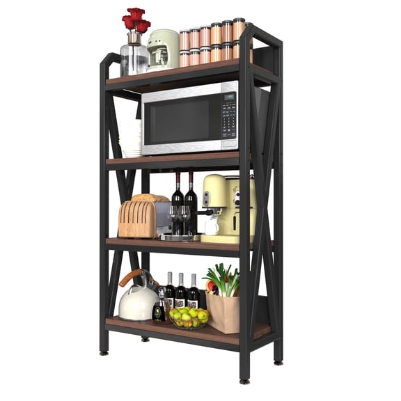 4-Tier Bakers Rack with Wood Shelves, 56.3" Metal Storage Shelf for Kitchen, Pantry, Bathroom, and Garage Organization, Adjustable Industrial Shelving Unit