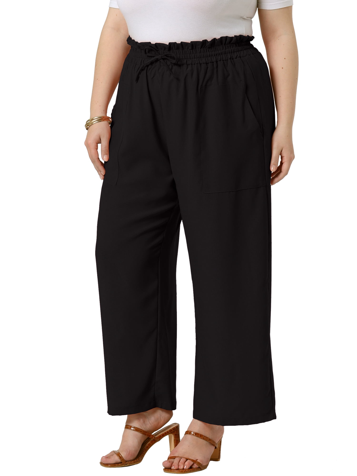 DARING DIVA Women's Plus Casual High Waisted Lounge Pants with Pockets 1X Dark Black