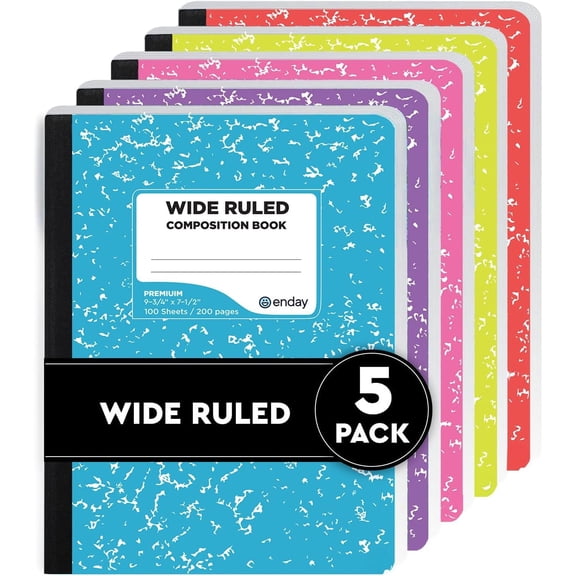 Enday Composition Notebook Wide Ruled (5 Pack, Assorted Colors) Hard Cover Marble Composition Notebook, 100 Sheets