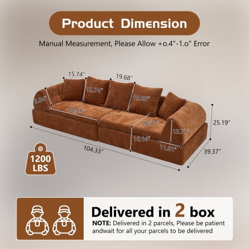 Howcool 104" Cloud Modular Sectional Sofa with Ottoman, Boneless Deep Fluffy Seat Couch, No Assembly Required for Living Room and Bedroom, Orange