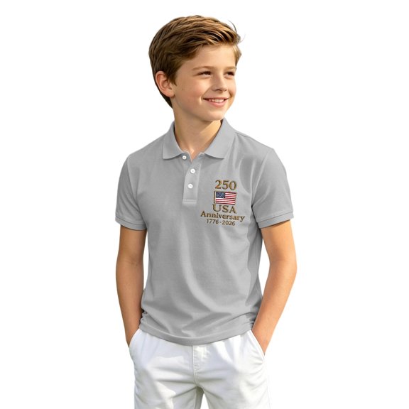Boys 250 Anniversary USA Shirt Vintage 250 Years America Shirt Short Sleeve Shirt Sleeve Polo Shirts 1776-2026 Tshirt(Light Gray,3-4 Years)