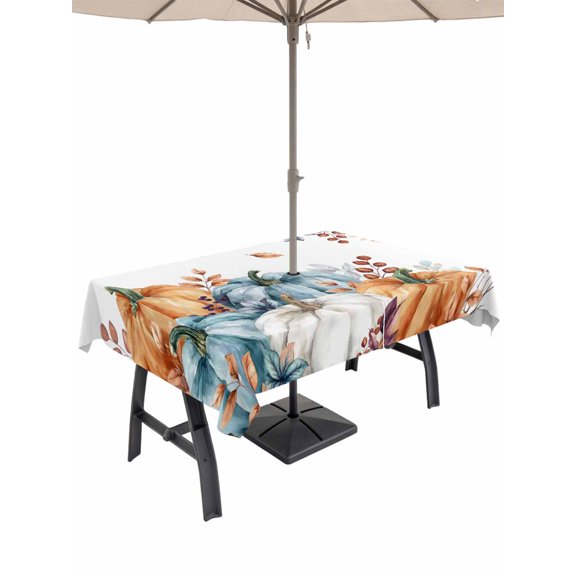 Outdoor Tablecloth with Umbrella Hole and Zipper, Orange Blue Grey Fall Rectangle Table Cloth 60x120 Inch Waterproof Tablecloth, Thanksgiving Pumpkins Botanical Picnic Table Cover for Patio Camping