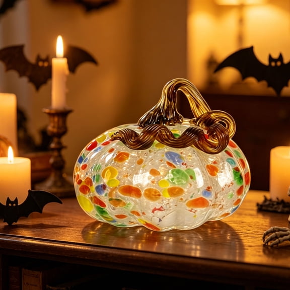 Honmine Hand Blown Glass Pumpkin Figurine, Colorful Speckled Art Glass Pumpkin with Twisted Stem, Fall Tabletop Decor for Desk, Shelf, Centerpiece, Halloween Display